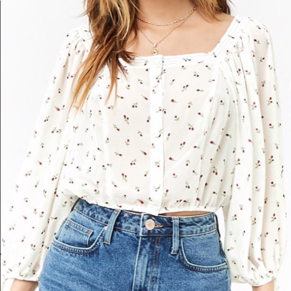 Sheer Rose Print Chiffon Peasant Top